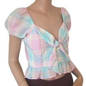 NORDSTROM ABOUND Blouse Pretty Pastel Plaid Tartan Cotton Top Front Bow Tie